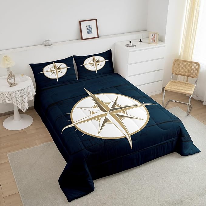 Feelyou Compass Print Comforter Set Queen Size Kids Nautical Theme Comforter for Boys Girls Teens Ocean Voyage Bedding Set Geometric Circles Pattern Duvet Set Sea Adventure Quilt