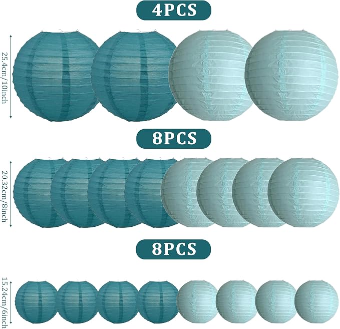 20Pcs Teal Paper Lanterns Decorative, 6"8"10" Blue Hanging Round Paper Lanterns Decorative for Bridal Shower Baby Shower Engagement Wedding Birthday Party