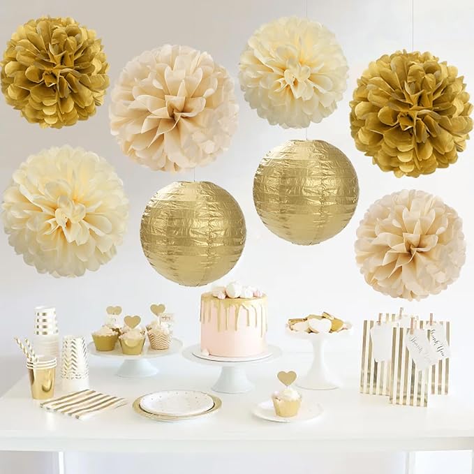 Gold White Champagne Beige Paper Flowers Tissue Pom Poms Honeycomb Lanterns 15pcs Party Decorations Engagement Birthday Wedding Baby Bridal Shower Hanging Supplies Mprocherify