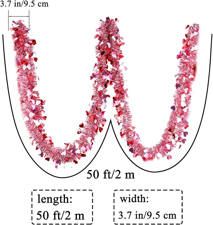 Valentines Garland Decor,50Ft Glitter Tinsel Heart Garland Decorations for Tree Mantle Bedroom Office Classroom Party Indoor Outdoor Holiday Home Pink Red White