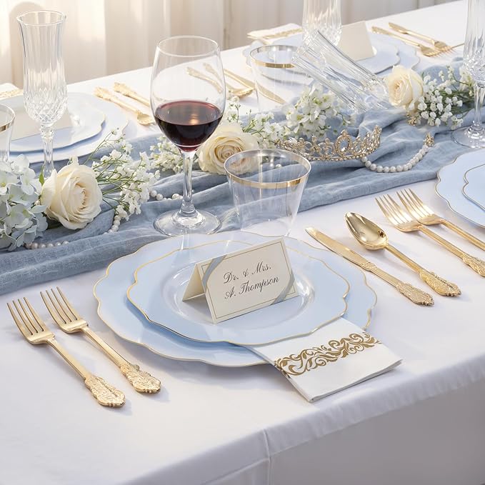 NOCCUR 175PCS Blue Plastic Plates with Gold Disposable Silverware - Include 50 Light Blue and Gold Plastic Plates,25 Knives,25 Forks,25 Spoons,25 Cups and 25 Napkins - Easter Day/Spring Party