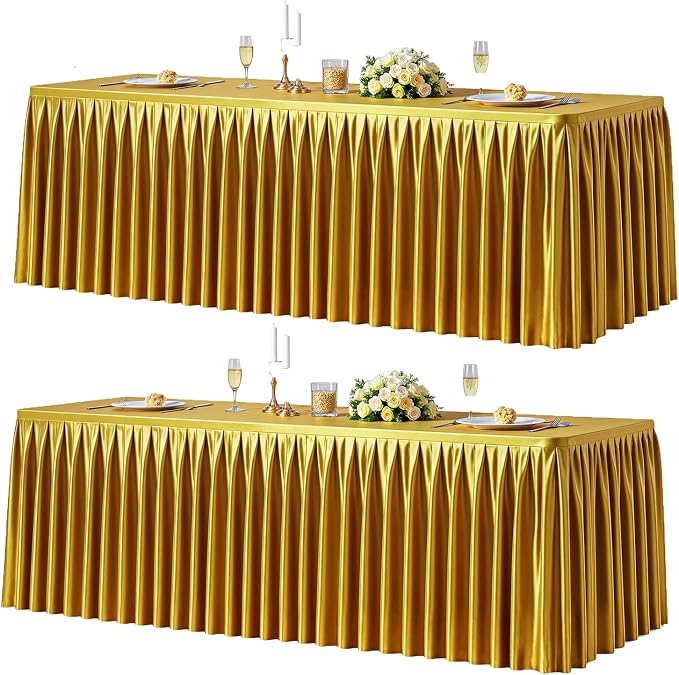 2 Packs Gold Satin Tablecloths Rectangle 8FT, Glitter Spandex Fitted Stretch Table Covers Wrinkle-Free Floor Length Shimmer Table Skirt for Weddings Parties Baby Shower Banquets Vendor Events