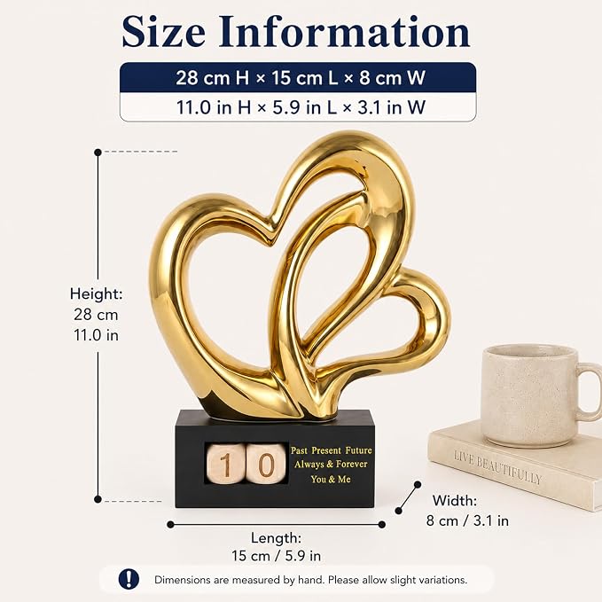 Ceramic Heart Sculpture with Date Blocks, Gold Hearts Statue for Home Decor, Romantic Valentines Day & Wedding for Couple, Shelf Mantel Tabletop Display (Gold)