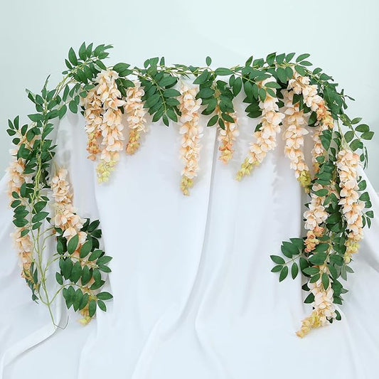 1pc/2pcs Encrypted Flower Vine Wisteria Artificial Flowers Garland,White Wisteria Hanging Flower Garland Decorations for Home Garden Outdoor Ceremony Wedding Arch Decoration (Champagne Color, 1pc)