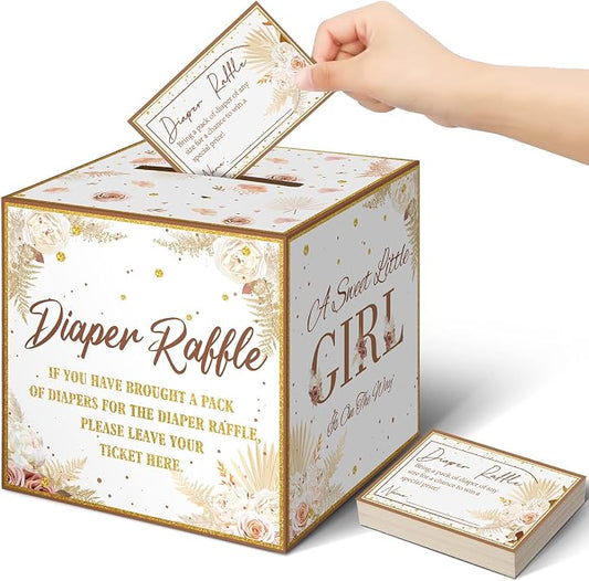Teling 51 Pieces Diaper Raffle Tickets with Card Box Baby Shower Decorations Baby Shower Holder Box for Girl Boy Diaper Raffle Party(Boho Pampas Grass Dried Flower)