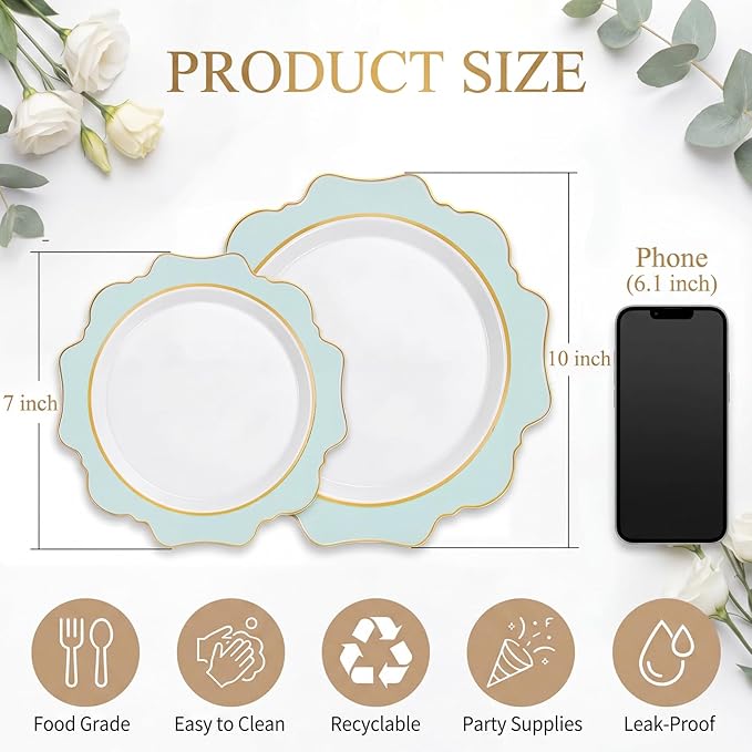 WDF 100PCS Mint Green Plastic Plates - Green Spring Plates Disposable - Heavy Duty Scalloped Plastic Plate for Parties/Wedding/Spring