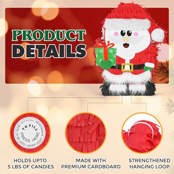 Christmas Santa Claus Pinatas Bundle with a Blindfold and Bat (Small Size 17x12.5x4 Inches), Holiday Theme Piñata, Christmas Party Supplies, Xmas Piñata, Party Decoration Games