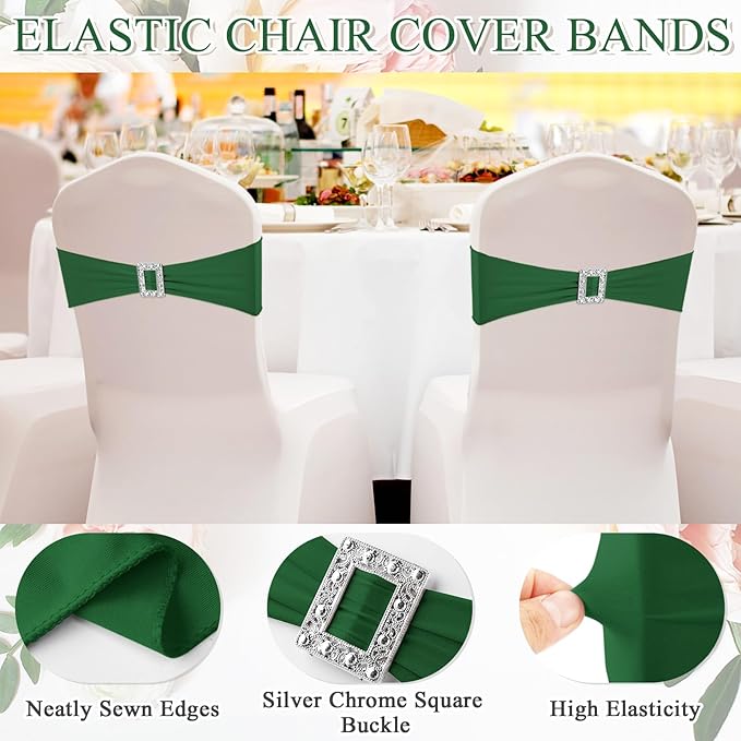 VitalCozy 100 Pcs Spandex Chair Sashes with Square Buckle Slider Stretch Chair Cover Band Universal Elastic Ties Straps Bows for Wedding Banquet Event Party Decoration (Green)