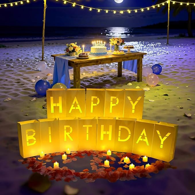 Happy Birthday Decorations for Women Men Girls Light Up Sign Luminary Bags Letters with 2000PC Rose Petals and Candles kit, Birthday Banner for Room Party Hotel Outdoor Decorations, Surprise Gifts Banner
