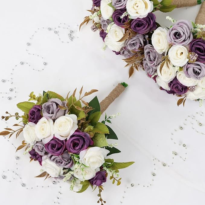 Wedding Bouquet for Bridesmaid 1 Pack - Hand Holding Flower Bouquet 7 Inch Artificial Flower Bouquet for Bride Party Ceremony Anniversary Decor - Dusty Purple & White