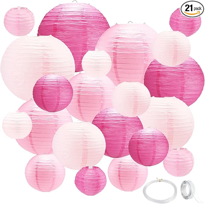 21Pcs Pink Paper Lanterns,4"6"8"10"12" Hanging Round Paper Lanterns Decorations Indoor Outdoor with Tape and String for Graduation Birthday Barbie Party Galentines Day Baby Shower Decorations