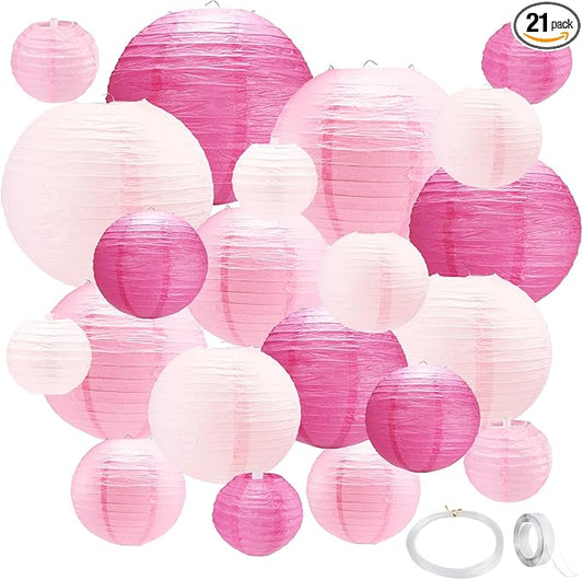 21Pcs Pink Paper Lanterns,4"6"8"10"12" Hanging Round Paper Lanterns Decorations Indoor Outdoor with Tape and String for Graduation Birthday Barbie Party Galentines Day Baby Shower Decorations