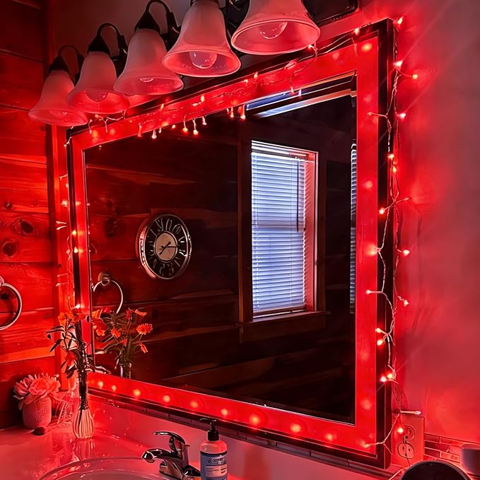 QITONG 2 Pack String Lights Battery Operated, Each 33ft 100 LED Red Christmas Lights Outdoor Waterproof, 8 Modes Clear Wire Twinkle Fairy Lights Indoor with Remote