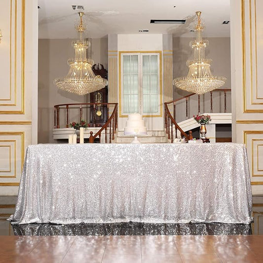 PartyDelight Silver Sequin Tablecloth Rectangle 60x120 Shimmer Table Cloths Sparkle Glitter Decorations