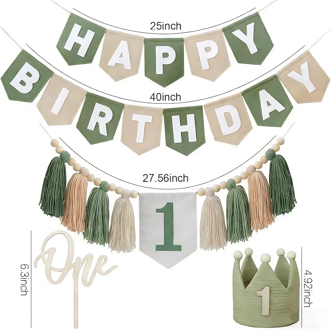 Sage Green 1st Birthday High Chair Decorations- First Birthday Banner Wild One Highchair banner 1st birthday boy with Tassels, Crown & One Cake Topper, Boho 1st Birthday Party Supplies photo props