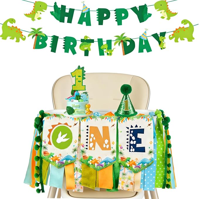 One a Saurus Birthday Decorations-Pre-Strung Happy Birthday Felt Banner Dinosaur 1st Birthday Decorations，Dinosaur Birthday Garland, Highchair Banner for Dino Themed Party Supplies
