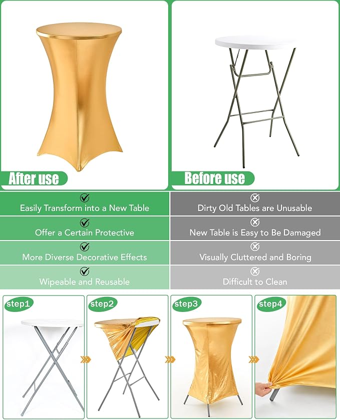 Cocktail High Top Table Covers - 32x43 Inch Fitted Spandex Round Cocktail Tablecloth for Bar Height Standing Table Cloths Reusable, for Party Wedding Banquet Event Decorations, Shiny Gold, 8 Pack