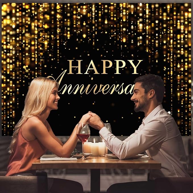 Happy Anniversary Backdrop Black Gold Anniversary Banner Cheers to Marriage Love Wedding Party Decorations Glitter Flowing Drapes Photography Background Photo Booth Props 8x6ft