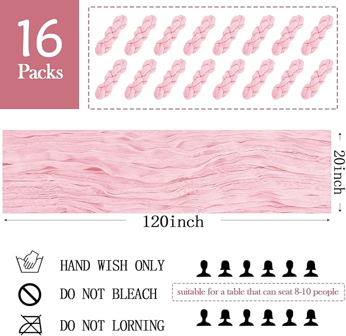 16 Pack Light Pink Cheesecloth Table Runner 20 x 120 inch Gauze Table Runners 10 FT Long,Semi Sheer Boho Cheese Cloth Fabric Table Runner Bulk for Wedding,Party,Baby Shower,Bridal Shower Decoration