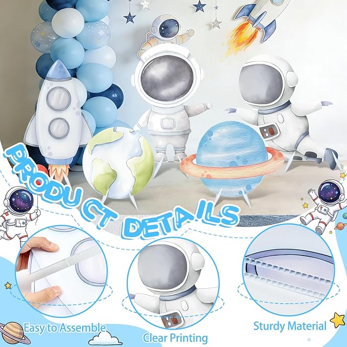 5 Pcs Outer Space Baby Shower Decorations, Astronaut Rocket Planet Earth Cardboard Cutouts Standups, Space Themed Photo Booth Props Signs for Kids Birthday Party Outdoor Yard Lawn Decor
