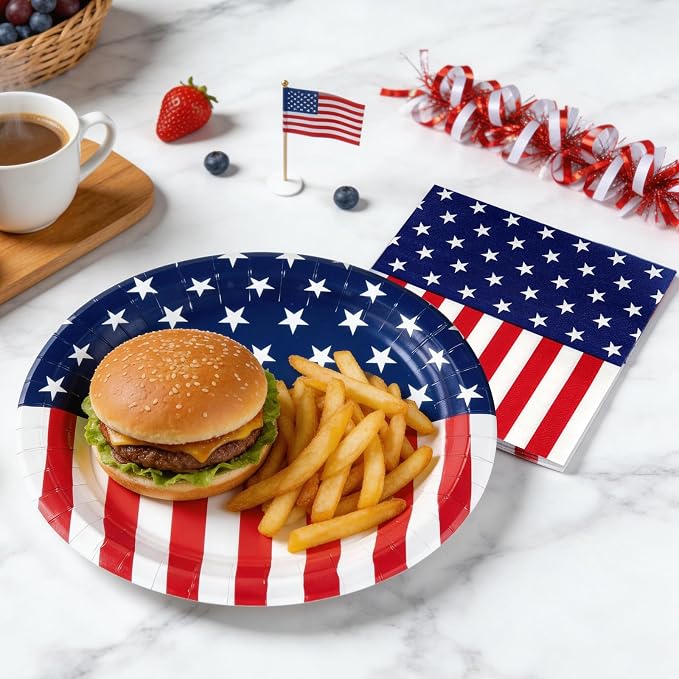 100 Pcs Patriotic Oval Paper Plates and Napkins, 12"×10" Large Disposable Red White Blue American Flag Themed Tableware Set Heavy Duty for Veterans Day Election Day 4th of July Independence Day Decor