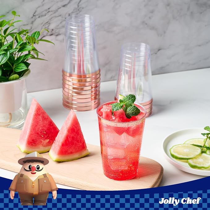 JOLLY CHEF 100 Pack Rose Gold Plastic Disposable Cups, 12 oz Clear Plastic Cups Tumblers, Elegant Rose Gold Rim Disposable Glasses Suitable for Party Wedding