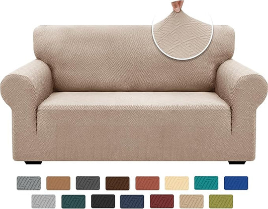 XINEAGE 2026 New 1 Piece Couch Covers for 2 Cushion (55"-69") Stretch Loveseat Sofa Cover Slipcover Jacquard Universal Furniture Protector with Elastic Bottom for Kids,Dog (Loveseat, Khaki)