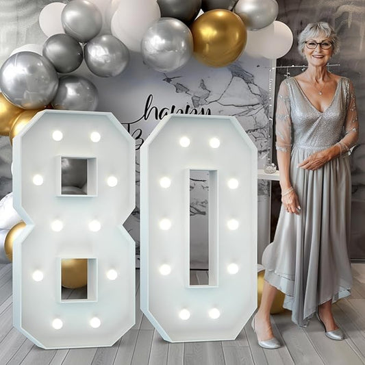 Marquee Numbers 4 Feet Tall: Large 80th Birthday Decorations for Her Him 4FT Light Up Numbers White Anniversary Party Decor Big Backdrop Foam Cardboard Number 80