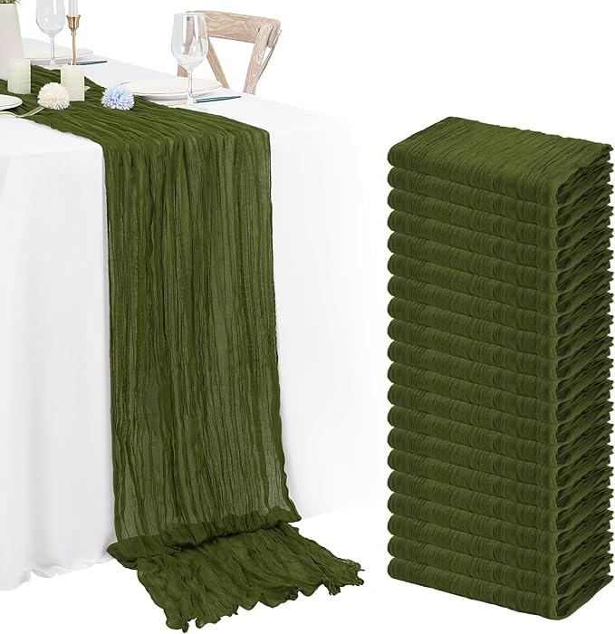 20 Pack Olive Green Cheesecloth Table Runner 120 Inch 10FT Rustic Boho Gauze Cheese Cloth Table Runner for Wedding Party Baby Shower Thanksgiving Christmas Decoration