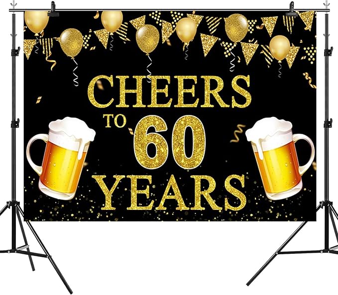 6x4ft 60th Birthday Backdrop Cheers to 60 Years Photography Background Golden Balloon Flag Beer Men Women 60th Birthdays Party Banner Decorations Anniversary Parties Photo Booth Prop