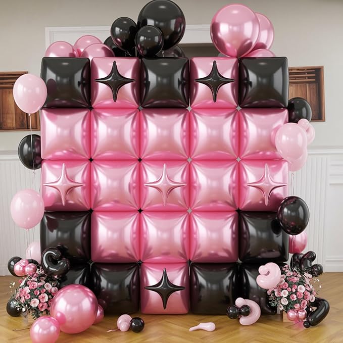 32PCS Pink and Black Square Foil Balloons, Double Sided Light Pink and Metallic Black Square Balloon Backdrop Wall with Star Foil Balloons Flat Tunnel Background for Girls Queen Birthdays Bachelorette