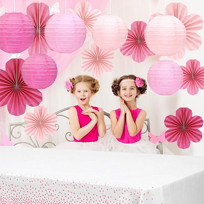 20 Pack Pink Paper Fans Hanging Ornaments,Paper Flowers Decorations For Wall Kit With 9Paper Lanterns 9Fan Flower& 2Party Tablecloths For Graduation Ceremony Wedding Party Decorations