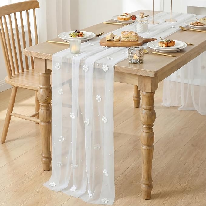 Artoid Mode Flower Pearl White Gauze Table Runner 10FT, Seasonal Sheer Dining Holiday Wedding Birthday Baby Shower Table Decor for Home Party