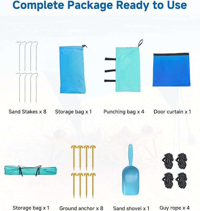 Slsy Beach Tent 10 x 10 FT, Beach Shelter with Removable Side Wall, UPF 50+ Canopy Cabana for Sun Protection, Easy Setup Shade with Sandbags, Stakes & Guy Lines, Wind Resistant, Fits 6-8 People