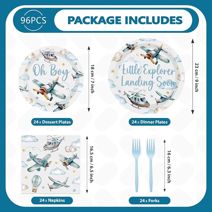 Grencian 96Pcs Airplane Baby Shower Decorations Airplane Boy Baby Shower Paper Plates and Napkins Disposable Party Supplies Plates for Boys Little Explorer Landing Soon Adventure Party Decorations