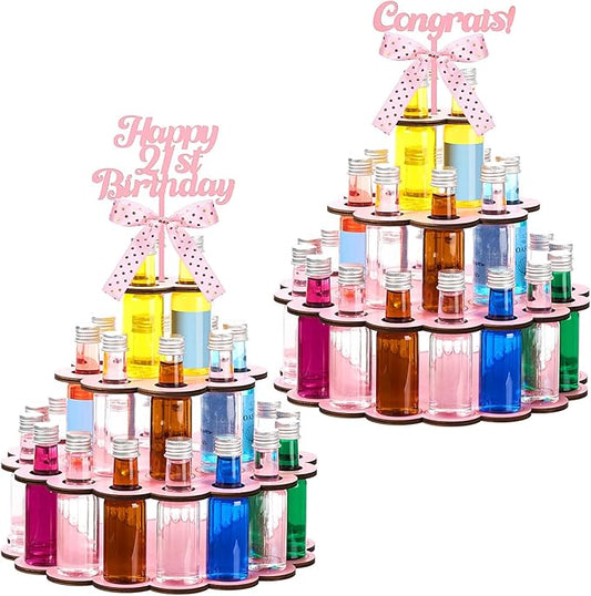 Honeydak Mini Liquor Bottle Cake Shelf Wooden Party Centerpiece Display for Mini Liquor Bottles 21st Birthday Decor 21st Birthday Gifts for Him or Her, Hold 28 Bottles(Pink)