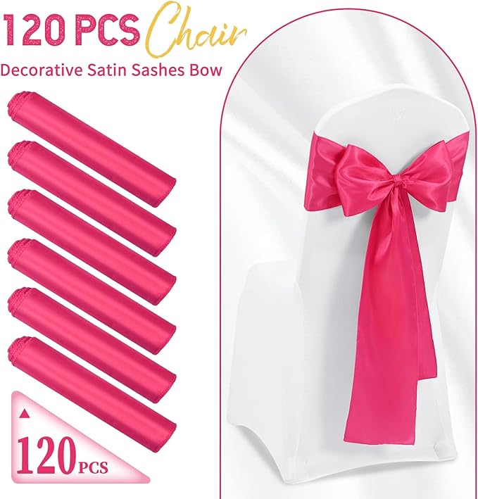 120 PCS Hot Pink Satin Chair Sashes, Ties Bows Designed Chairs Decorative, Chair Cover Sashes for Thanksgiving Wedding Christmas Banquet Party Home Kitchen Decoration (7 x 108 inch)