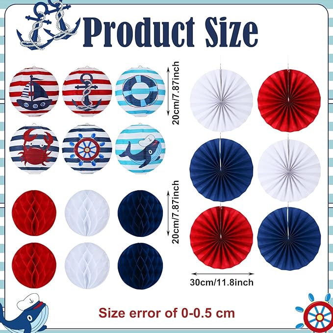 Retisee 18 Pcs Nautical Party Decoration Anchor Ship Wheel Hanging Paper Lantern Honeycomb Fans Honeycomb Ball for Boat Cruise Party Ceiling Decor Supplies