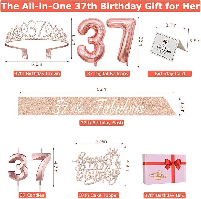 37th Birthday Decorations for Women, Including 37th Birthday Sash and Tiara, Cake Topper and Candles, Number Balloons, 37 Year Old Gifts for Women