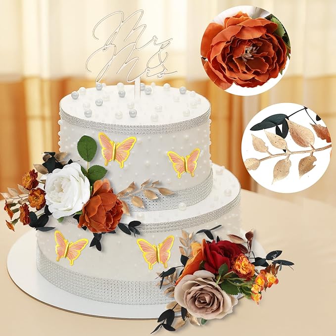 Leinuosen 14 Pcs Wedding Cake Flowers Set Include 3 Burnt Orange Flowers for Cake Decorating 1 Wood Mr & Mrs Toppers 10 Butterfly Decoration Cakes Topper for Wedding Anniversary Birthday Party Decor