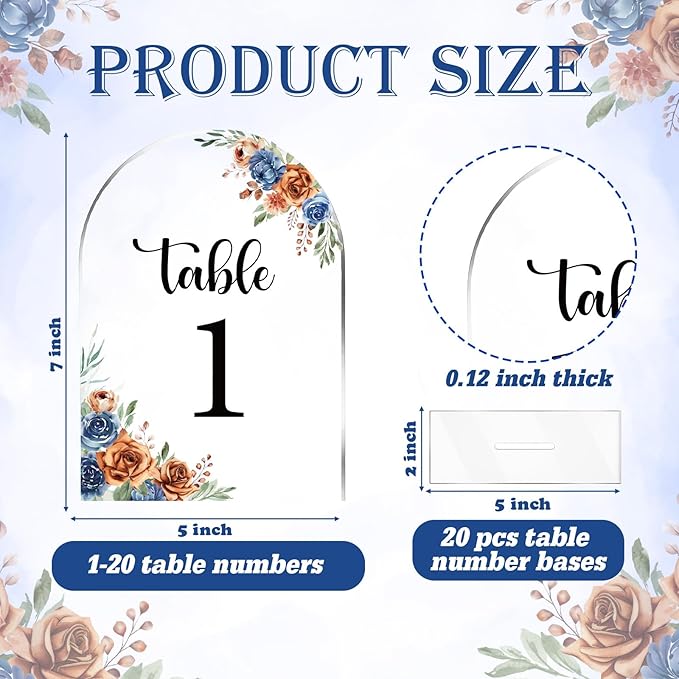 Navy & Burnt Orange Wedding Acrylic Table Number 1-20 with 20Pcs Stands, 5"x7" Floral Elegant Place Card Centerpiece Decorations for Indoor Outdoor Wedding Bridal Shower Anniversary