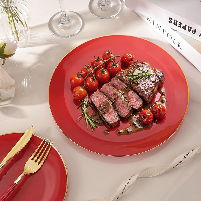 350 PCS Red Plastic Dinnerware Set, Red and Gold Rim Disposable Plates for Party, Include 100 Plates with 150 Plastic Cutlery, 50 Napkins and 50 Cups