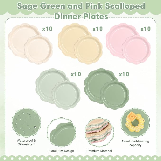 350 Pcs Sage and Pink Paper Plates and Napkins Party Supplies - Pink and Green Birthday Decoration Include Dusty Pink Sage Green Scalloped Plate Napkin Cup & Cutlery for Baby Shower, Wedding, Birthday