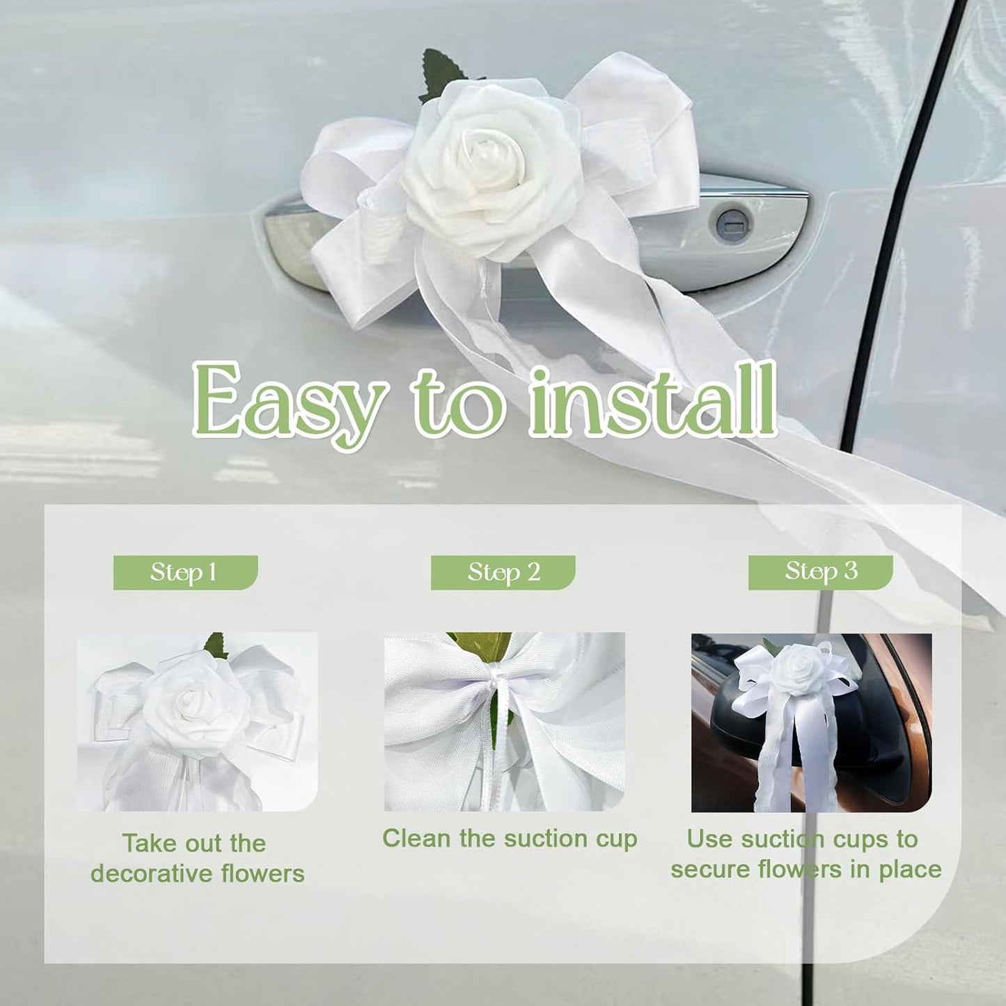 6PCS Wedding Car Door Handle Flowers, White Artificial Cars Rearview Mirror Bouquet Flower Bowknot Ribbon Decors, Just Married Automotive Decoration Accessories for Door Handles and Rearview Mirrors