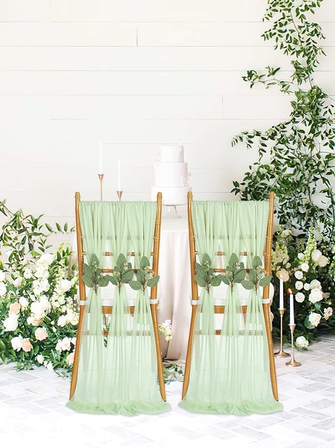 QueenDream Sage Green Chair Sashes: 16 Packs Wedding Aisle Decorations 8ft Long Draping Fabric Sheer Church Chair Cover Bulk for Party Banquet