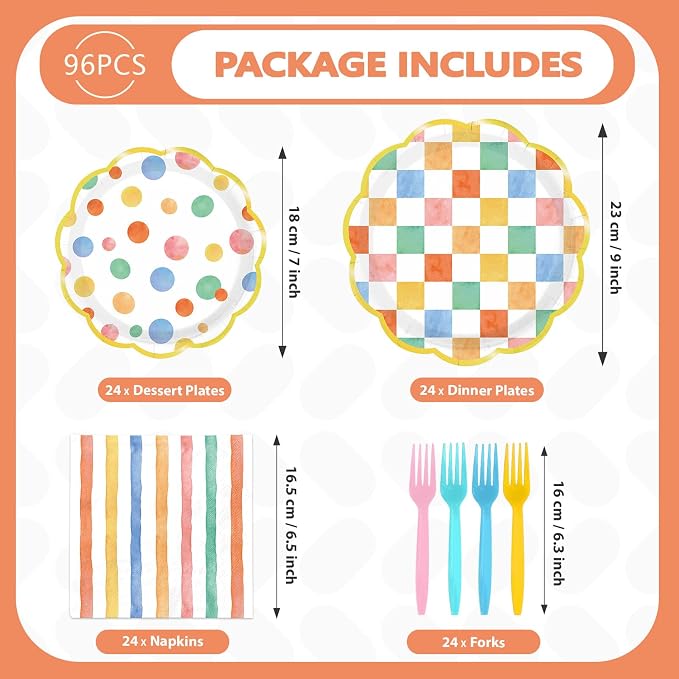 96Pcs Pastel Gingham Decorations Rainbow Gingham Plates and Napkins Colorful Striped Plaid Dots Tableware Set for Boys and Girls Baby Shower Pastel Birthday Preppy Party Supplies, Serves 24