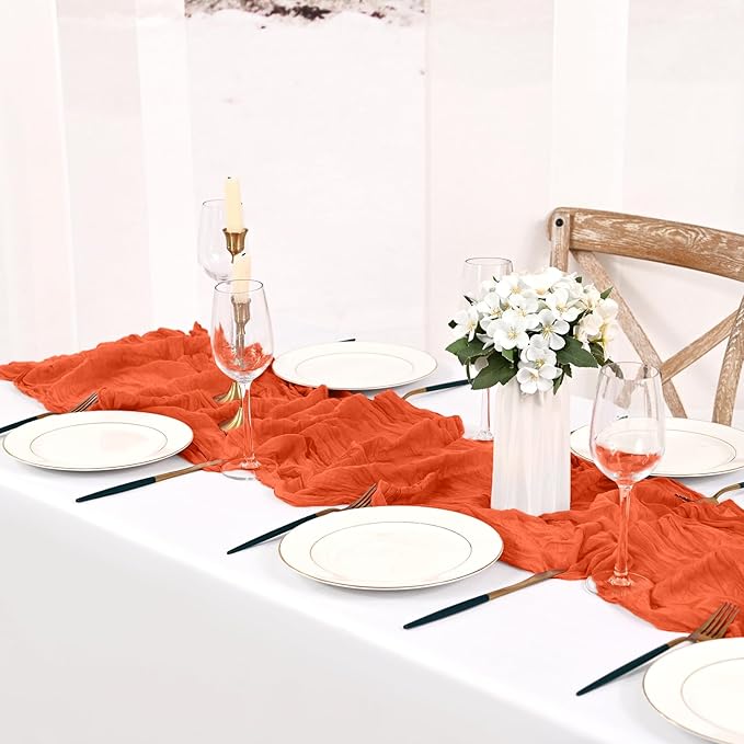 12 Pack Orange Cheesecloth Table Runner 10FT Boho Gauze Cheese Cloth Table Runner Rustic Sheer Fabric Table Runners for Wedding Bridal Shower Baby Shower Party(21.5×120 Inch)
