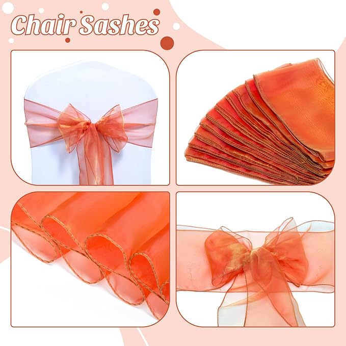 MDS® Pack of 25 Organza Chair Sashes for Wedding Decoration, Reusable Sheer Chair Bows for Banquet Chair Cover, Reception, Bridal Shower, Baby Shower, Birthday Party & Special Events - Brunt Orange