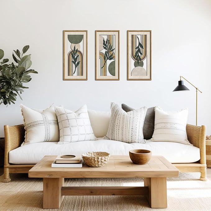 HPNIUB 3 PCS Minimalist Sage Green Wall Decor, Boho Geometric Line Hanging Wood Sign for Living Room, 8x16Inch Modern Bohemian Botanical Leaf Wooden Plaque for Apartment Bedroom Office Decoration