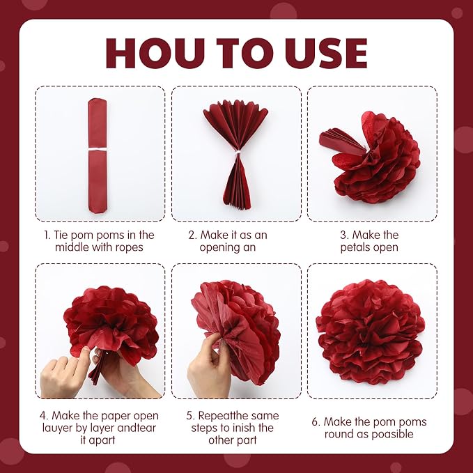 Arrowbash 33 Pcs Burgundy Maroon White Birthday Decorations Include Happy Birthday Banner, Red Tinsel Foil Backdrop, Tissue Paper Pom Poms, Dots Garland, Bow Balloons, Paper Tassels (Bottle Style)